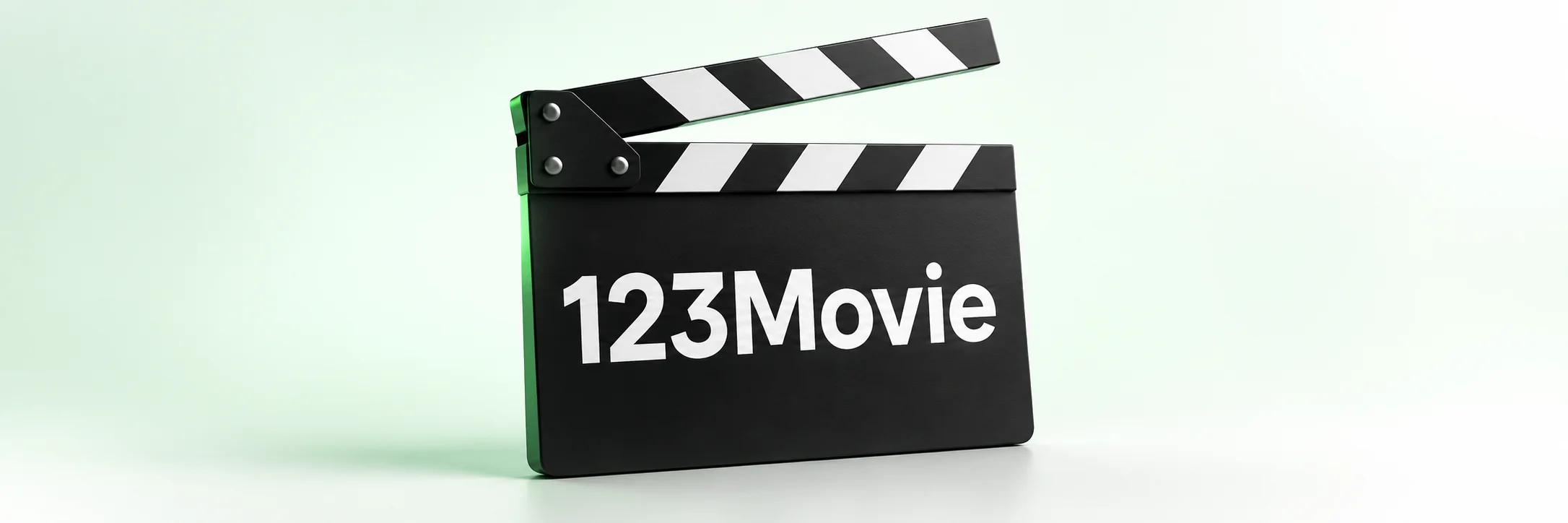 123Movie wordmark on a black film clapperboard against pale green